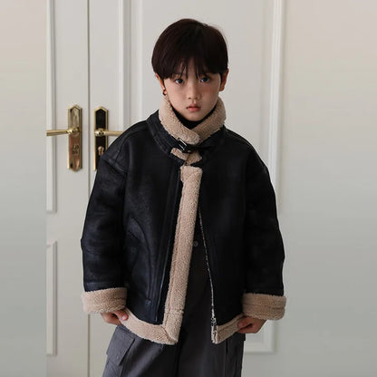 2026 Winter Kids Suede Leather Jacket Boys Girls Faux Fur Coat Thick Warm Fleece Outerwear Teen Children Top Clothes 2-15 Years
