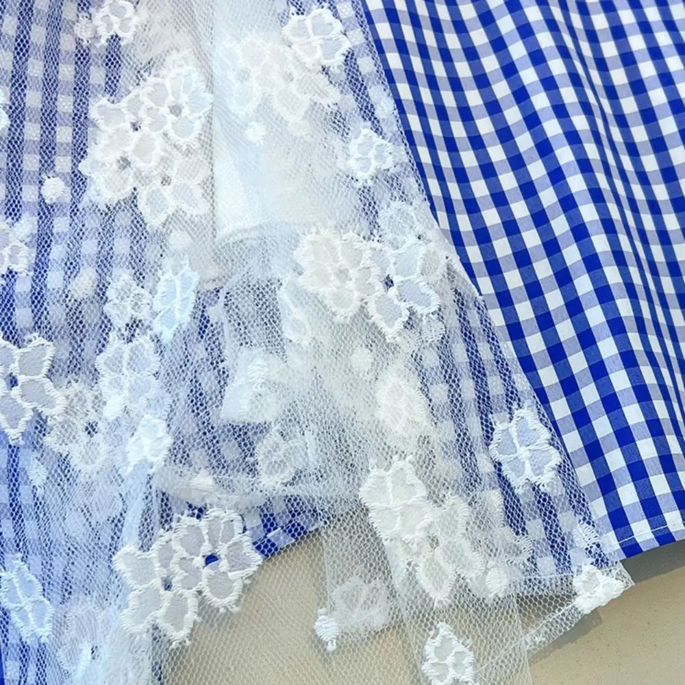 Fashion Plaid Girl Princess Dress Loose Lace Mesh Teens Sling Dress Sweet Skirt Children Sleeveless Dresses Summer