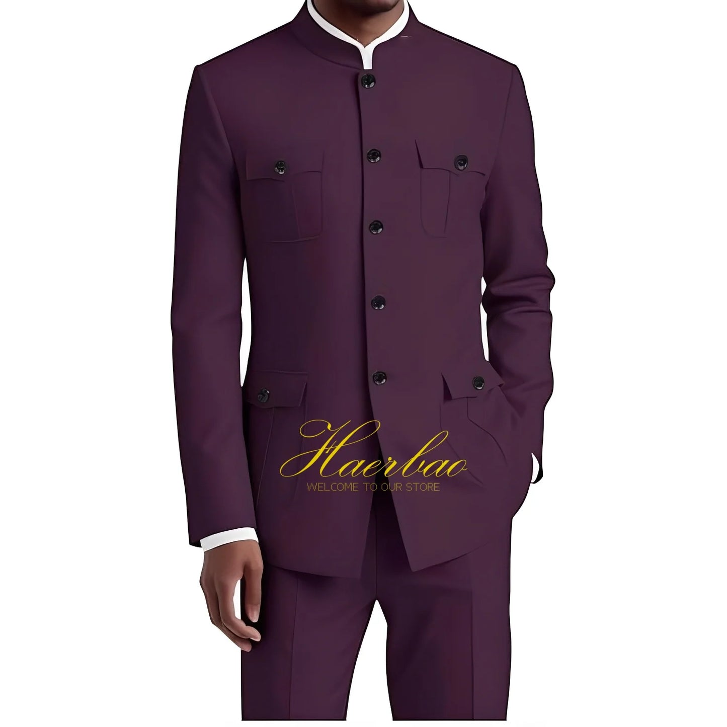 Men's Chinese Tunic Suit Formal 2 Piece Suits for Men Collar Jacket Slim Fit 4 Pocket Blazer Wedding Men Suits Tuxedo