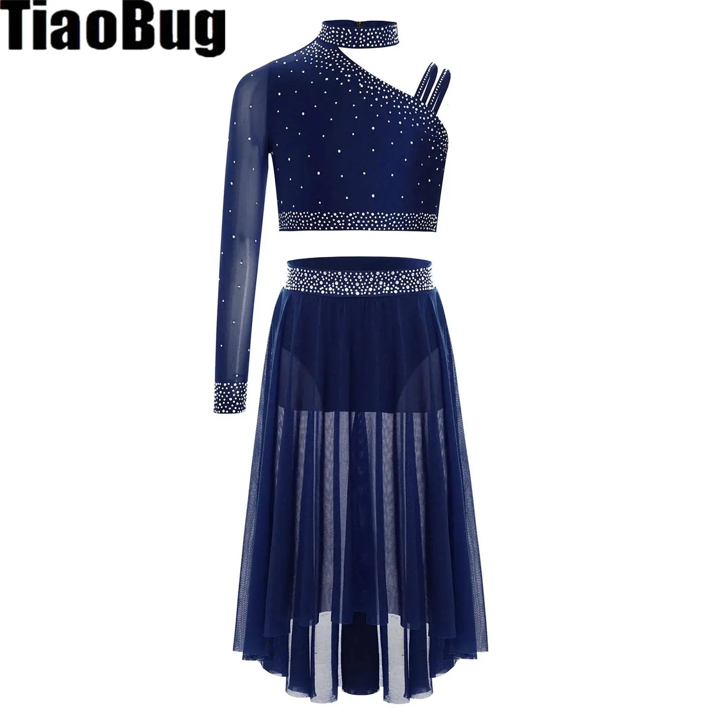 Girls Lyrical Dance Set Rhinestones Tops One Shoulder Crop Top with Side Slit Irregular Mesh Skirt Modern Contemporary Dancewear