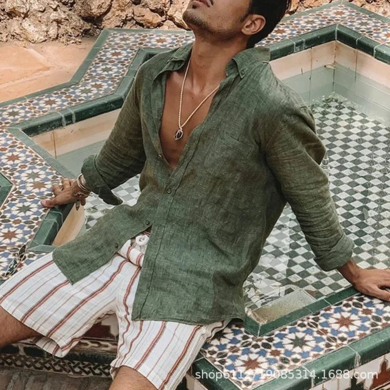 Beach Shirt Men's Casual Shirt Long Sleeve Lapel Cardigan Solid Color Cotton Linen Shirt Men's Tops Light Breathable Streetwear
