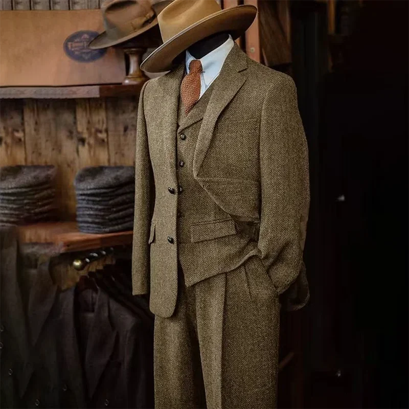 Men's Suits Blazer Pants Vest 3-piece Suit Herringbone Single Breasted Slim Fit Men Suit Set Luxury 2025 Costumes Man Formal