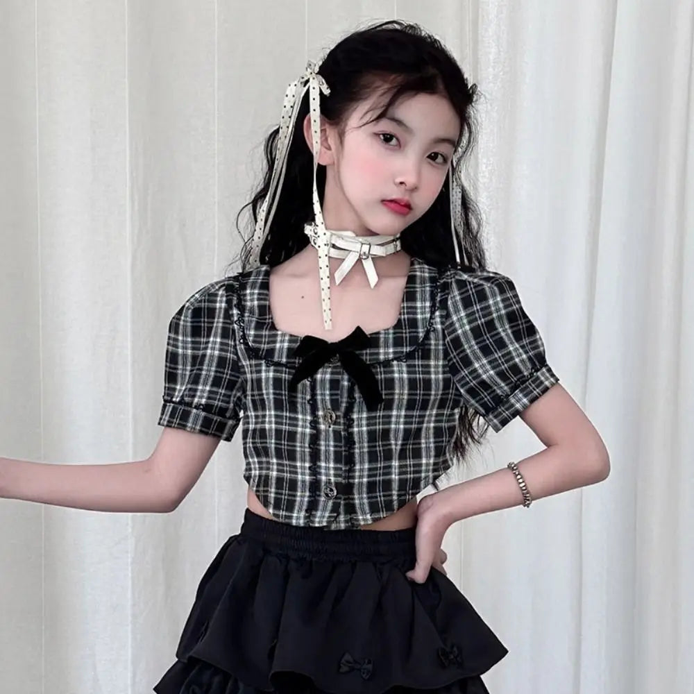 Cake Dress Sweet Girls Wear Suit Teens Party T-shirt Plaid Skirt Set Short Sleeve Preppy Style Costume Children Summer Clothes