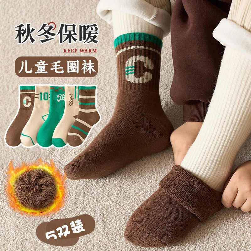 5 pairs of thick socks for girls in winter, medium to large-sized long tube looped socks with fleece added