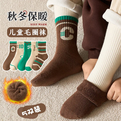 5 pairs of thick socks for girls in winter, medium to large-sized long tube looped socks with fleece added