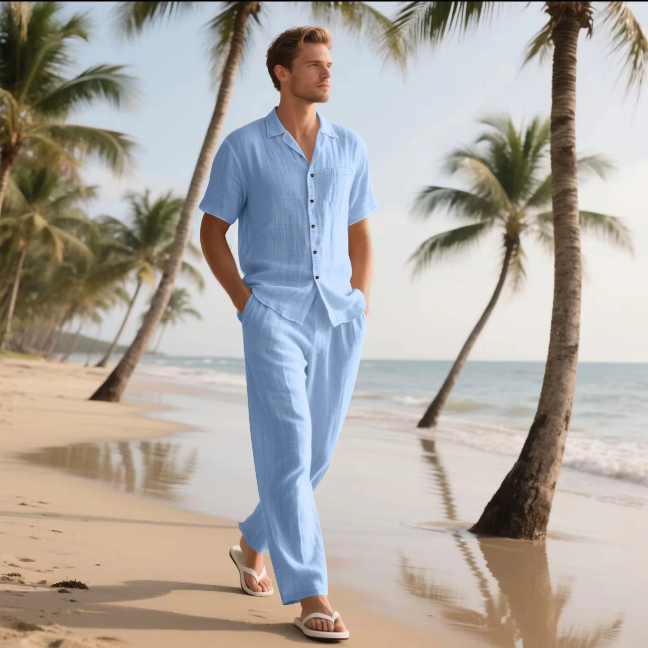 2025 Summer Beach Men's Linen Short Sleeve Shirt Set Is a Two-piece Long Trouser Set Suitable for Casual Daily Beach Holidays