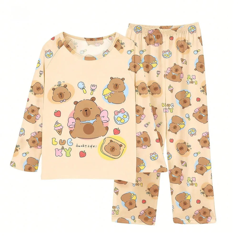 Boys Girls Pajamas Sets Kids Toddler 3 to 4 5 6 7 8 9 10 11 12 Years Capybara Pink Brown Long Sleeve Pyjamas Children's Clothing