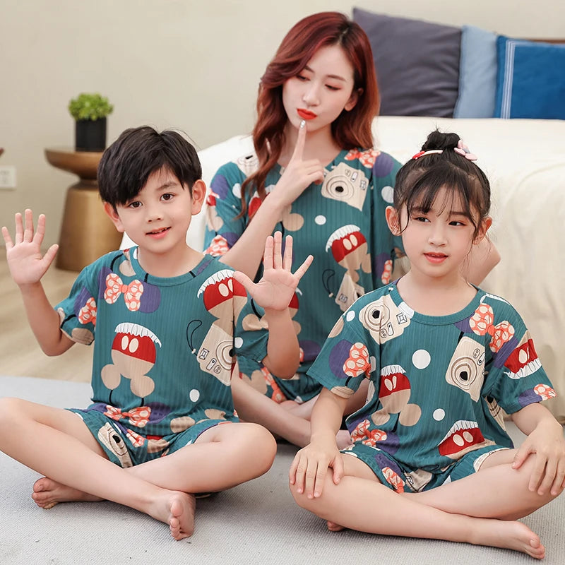 2 pieces for boys and girls pajamas Summer parent-child thin short sleeve cute neutral children's set CuHK children's homewear