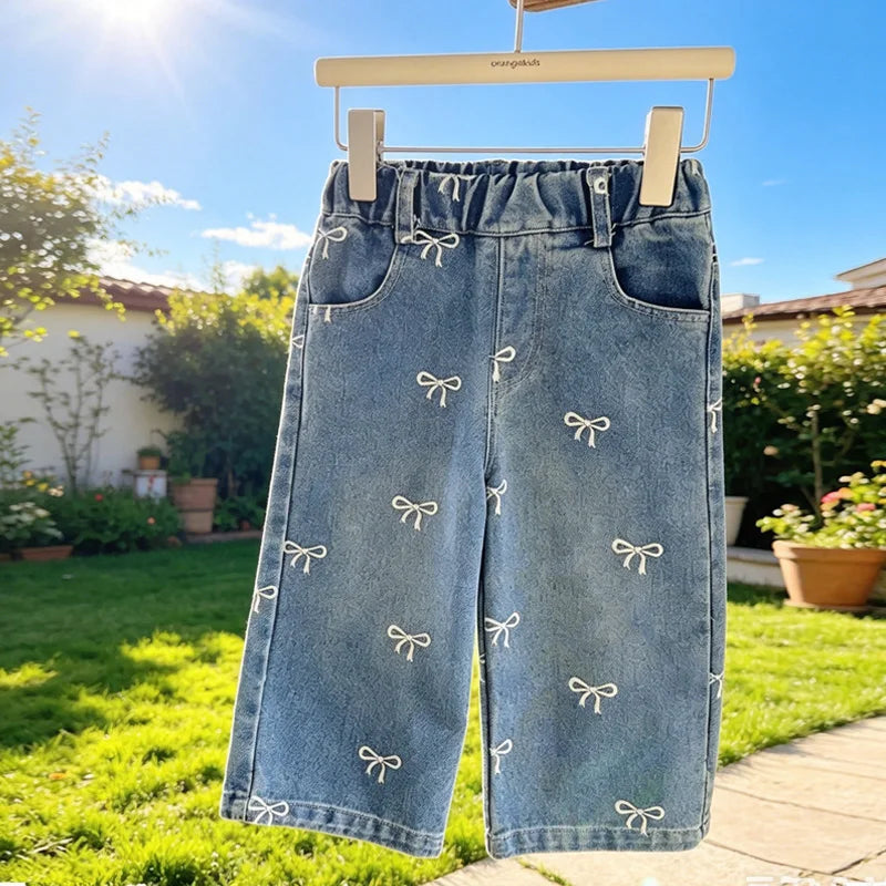 Girls Bow Wide Leg Jeans Autumn New Kids Loose Straight Denim Pants Toddler Casual Trousers Children Fashion Clothing 1-6Y