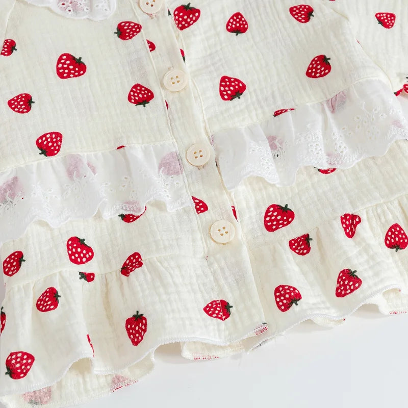 Baby Girl Cotton Sleepwear Infant Toddler Lace Strawberry Print Pajamas Set Homesuit Spring Autumn Nightwear Baby Clothes 1-7Y