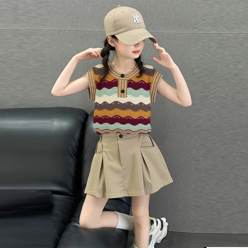 Girls Wave Pattern Summer Sweater + Skirt Clothing Set Kids Child High Quality Streetwear Knitted Top and Bottom Clothes Set