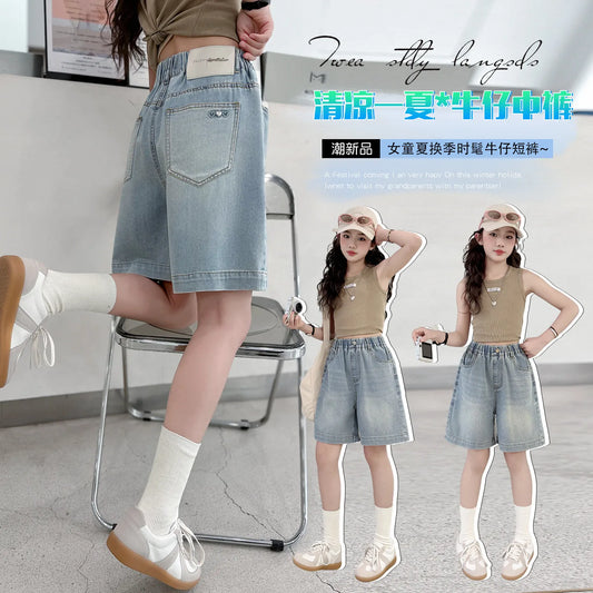 Girls Vintage Fashion High Waist Denim Shorts Streetwear Daily Jeans Short Trousers Quality Kids Clothing for Tweens 4-14 Years