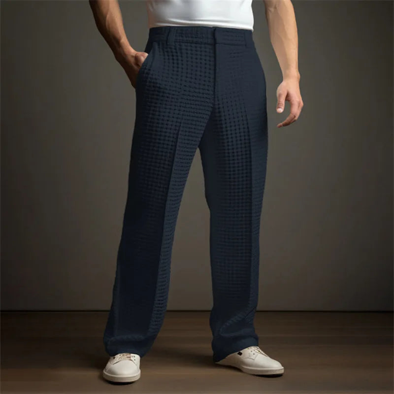 Men's Dress Business Solid Color Waffle Slant Front Bag Straight Casual Vacation Fashion Pants