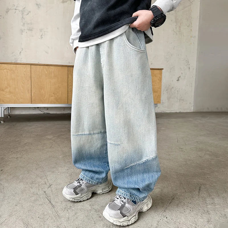 Cool Boy High Fashion Street Baggy Jeans Kids Retro Blue Wide Leg Denim Pants Loose Style Child Luxury Gradient Jeans Trousers