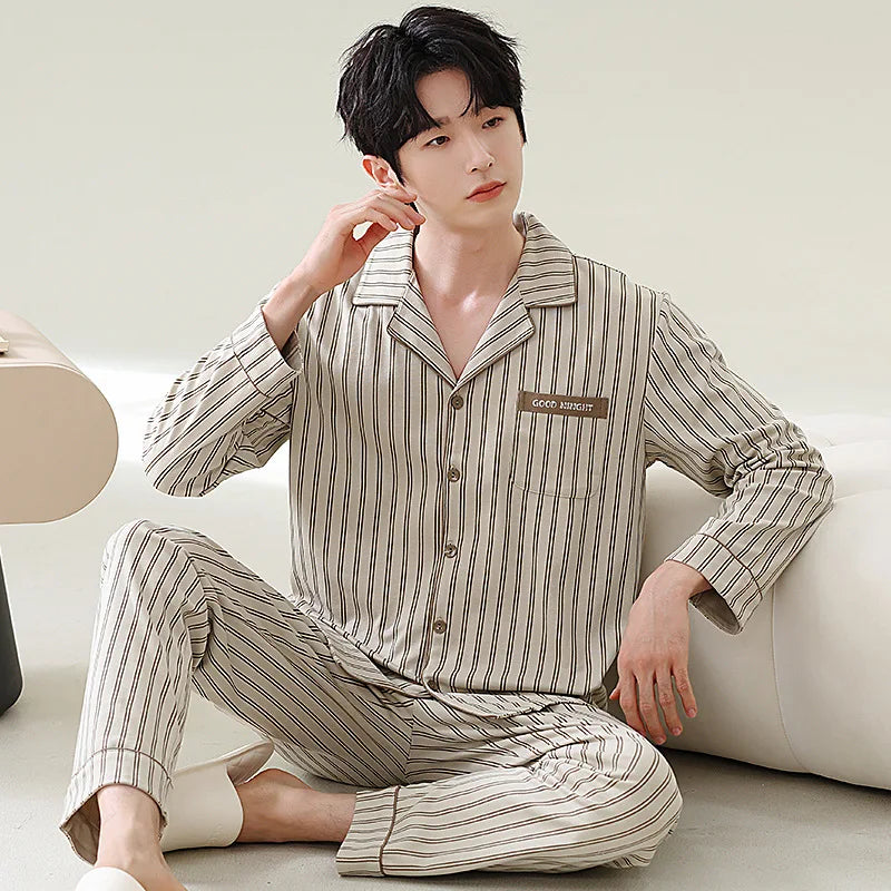 Pajamas for Men Spring Autumn Long Sleeve Lapel Button-up Cardigan Trousers Two-pieces Loose Casual Home Clothes Men Pajama Sets
