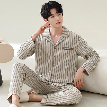 Pajamas for Men Spring Autumn Long Sleeve Lapel Button-up Cardigan Trousers Two-pieces Loose Casual Home Clothes Men Pajama Sets