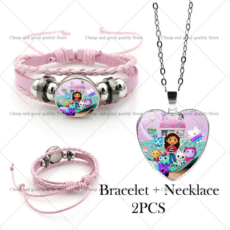Gabby Dollhouse Girl Bracelets + Necklace Jewelry Set 2pcs Female Kawaii Necklace Chain Accessories Girl Party Birthday Gift Toy