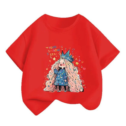 Girls' Summer Cartoon Short-sleeved T-shirt, New Round Neck Color-blocking Half-sleeved Little Girls' Printed Casual Top In