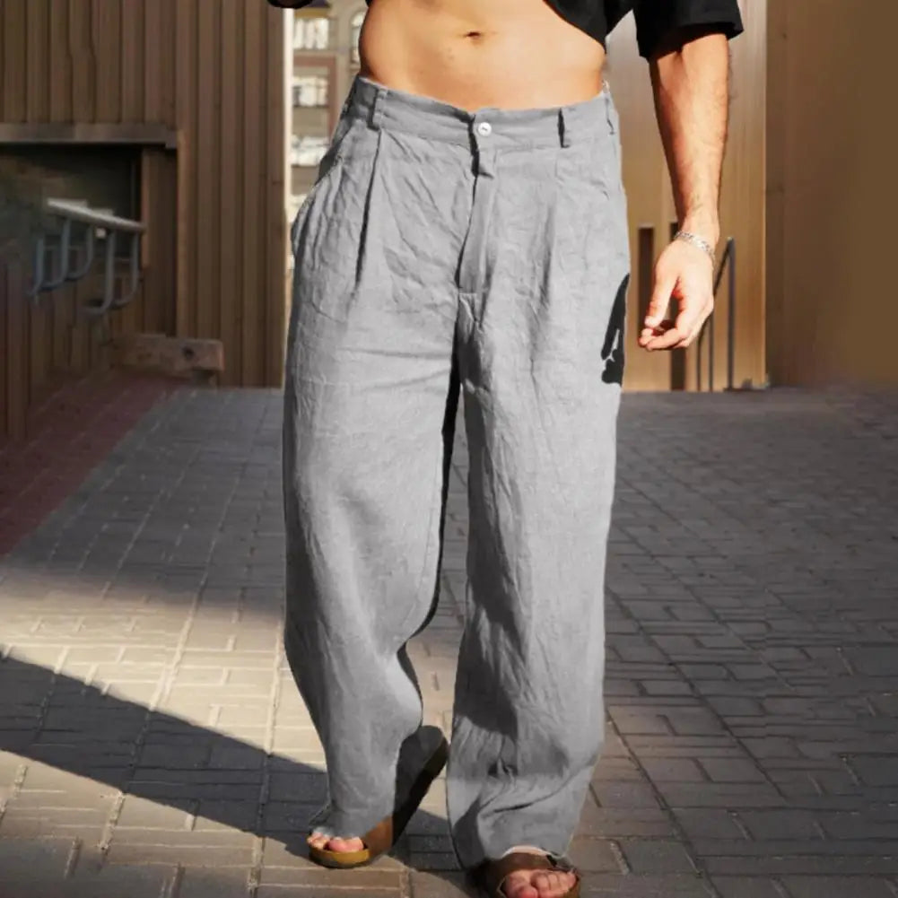 Men Cotton Linen Slacks Solid Color Loose Casual Trousers Breathable Summer Yoga Pants Pleated Jogger For Beach Vacation Fishing