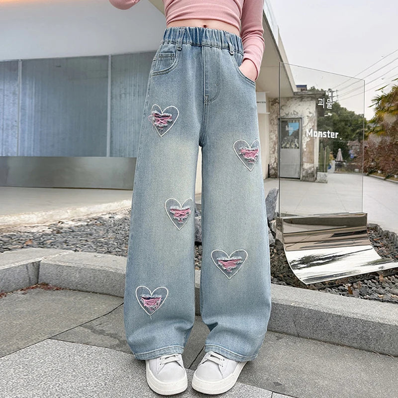 Teen Girls Denim Pants Spring Autumn New Heart Print Hole Wide Leg Pants For 5 6 8 10 12 14 Years Girls Stylish Trousers