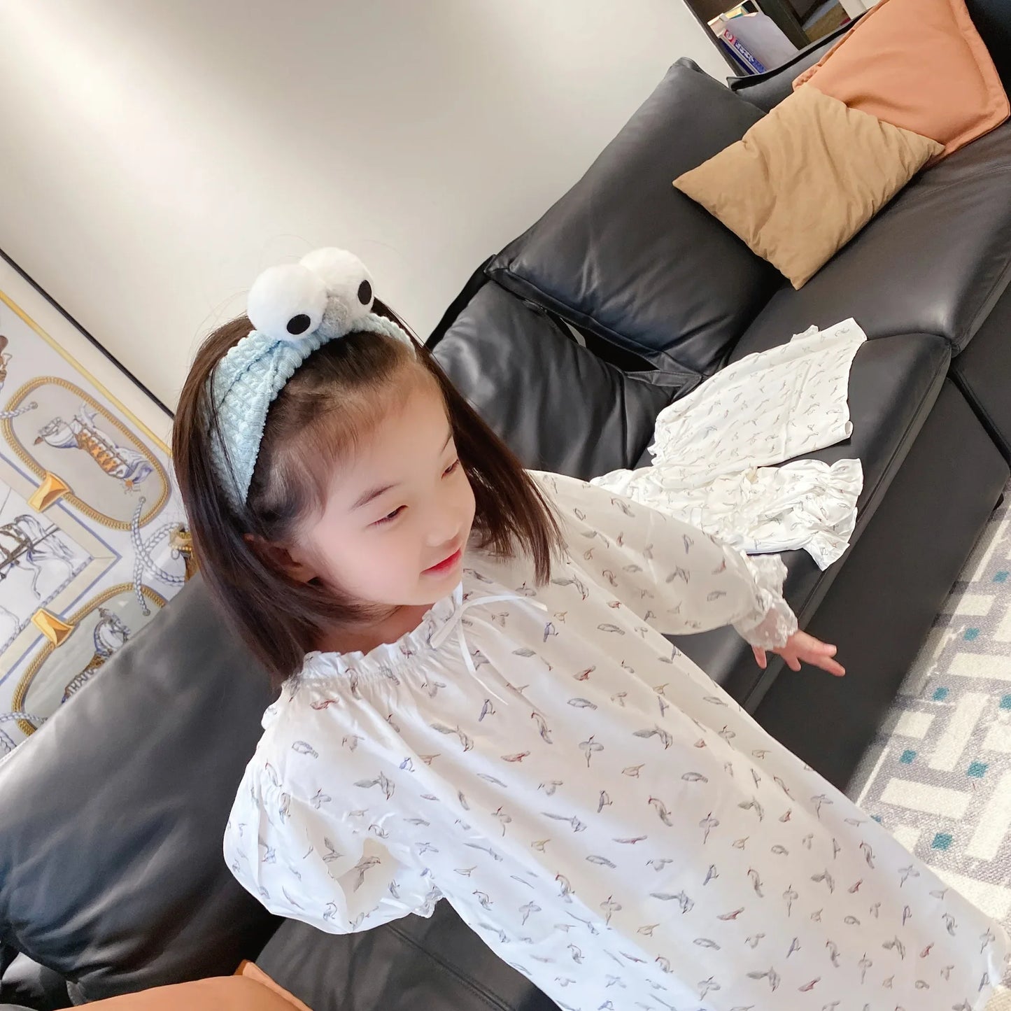 Girls Pajamas Set 2025 Spring And Summer New Blue Lace Lace Children's Home Clothing Cotton Printed Pajamas Children's Clothing