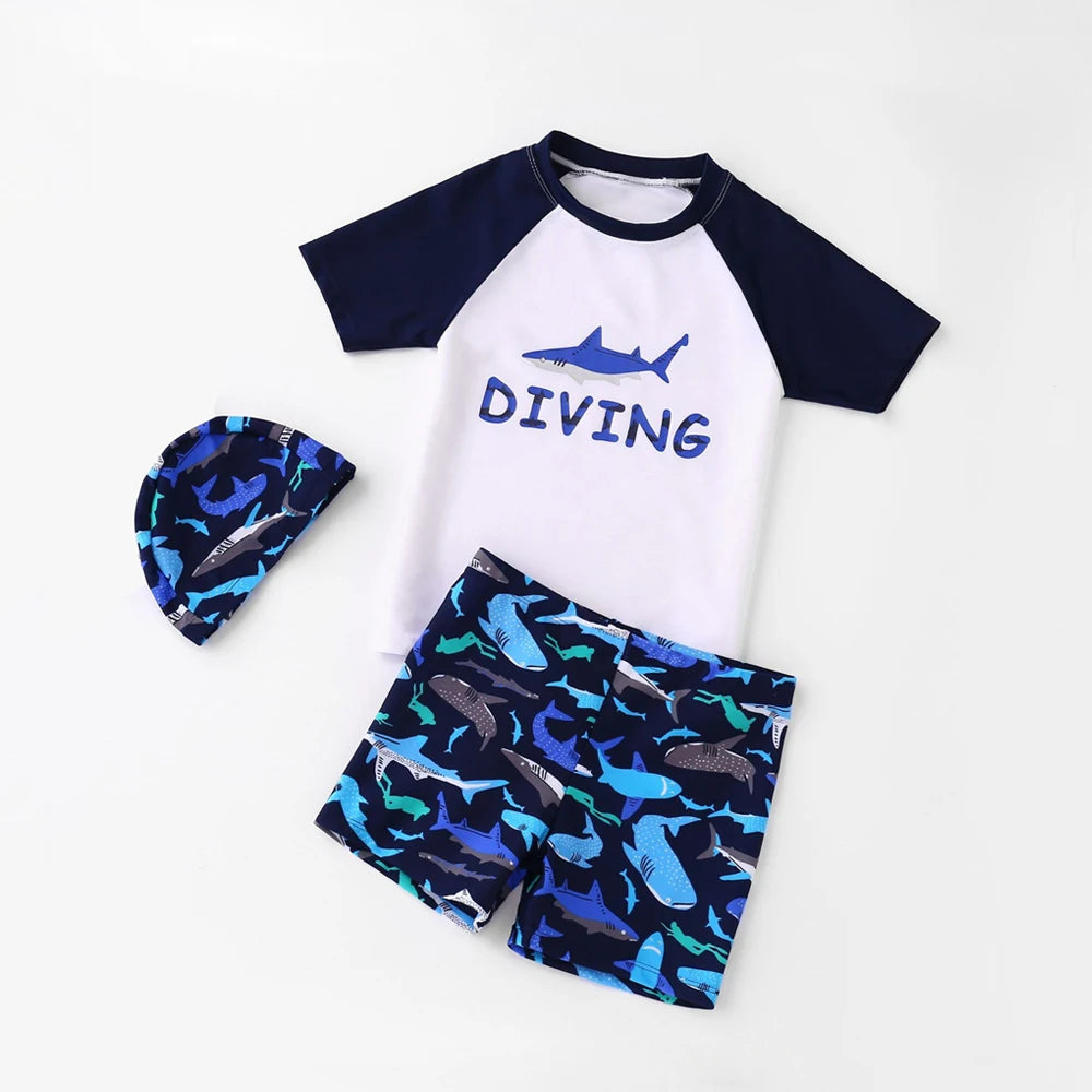 Boys Swimsuit 2025 3-Pieces Set Cute Cartoon Shark Print Kids Beach Suit Short Sleeve Swimwear with Swim Hat Toddler BeachWear