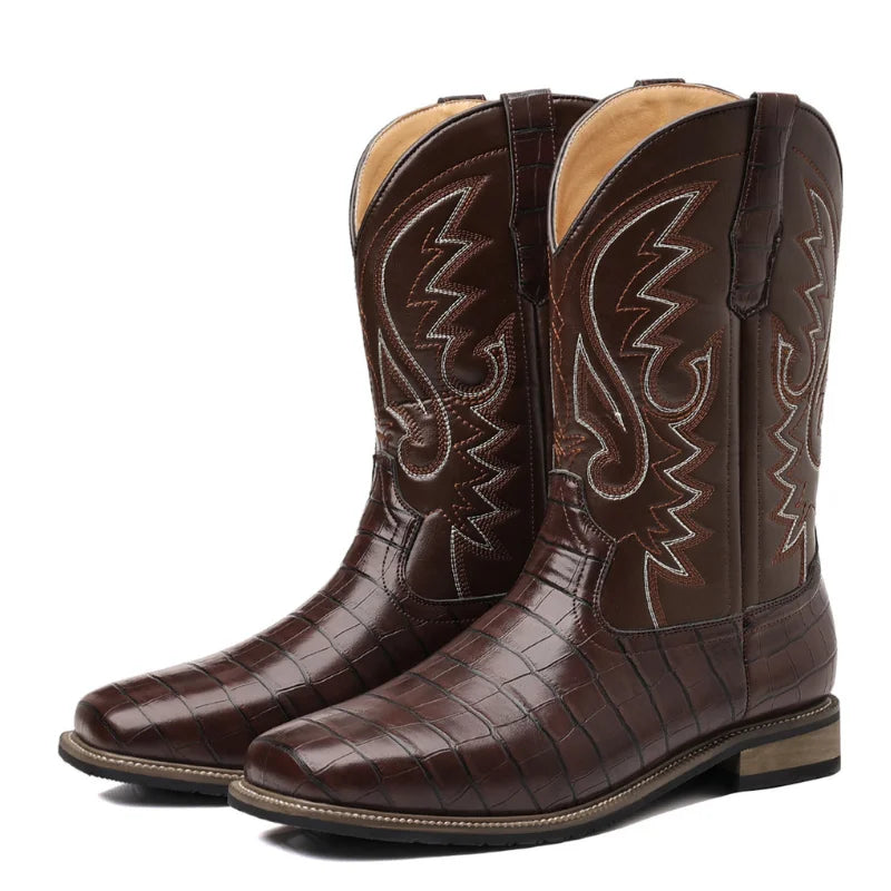 Men Boots Mid Calf Western Cowboy Motorcycle Boots Male Autumn Outdoor PU Leather Totem Med-Calf Boots Retro Designed Men Shoes