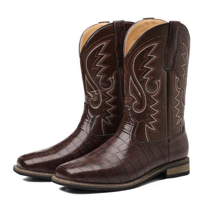 Men Boots Mid Calf Western Cowboy Motorcycle Boots Male Autumn Outdoor PU Leather Totem Med-Calf Boots Retro Designed Men Shoes