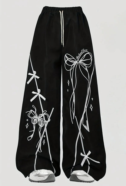 Teen Girls Tracksuit Set Autumn Spring Bow T-Shirt Crop Top Long Wide Leg Pant Kid's Clothing Letter Print Casual Outfit