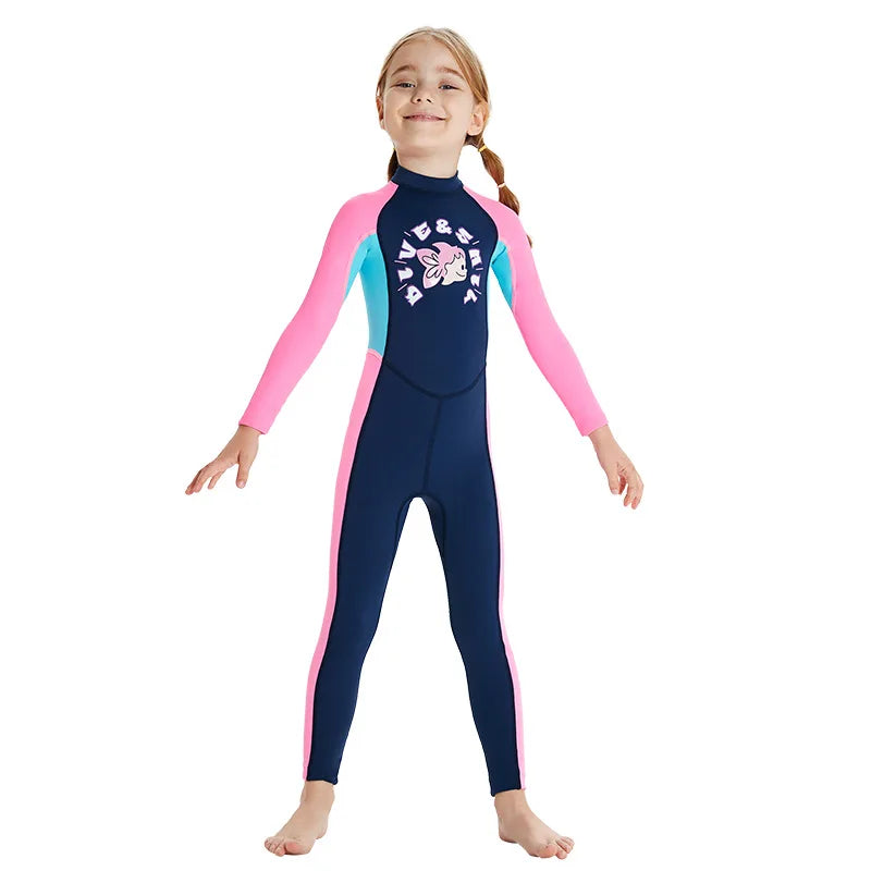 Boys Girls One-Piece Swimsuits Swimwear Long Sleeve Wetsuits Bathing Suit Beachwear Sun Protection(Including Swimming Cap)