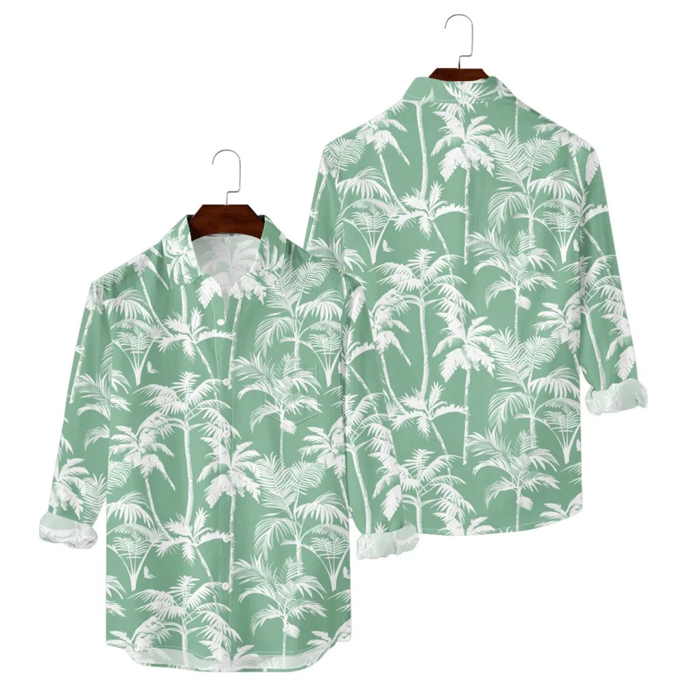 Hawaiian Men Shirts Sunset Oasis Palms Print Full Sleeve Streetwear Button Up Casual Beach to Bar Parties Poolside Shirt Pocket