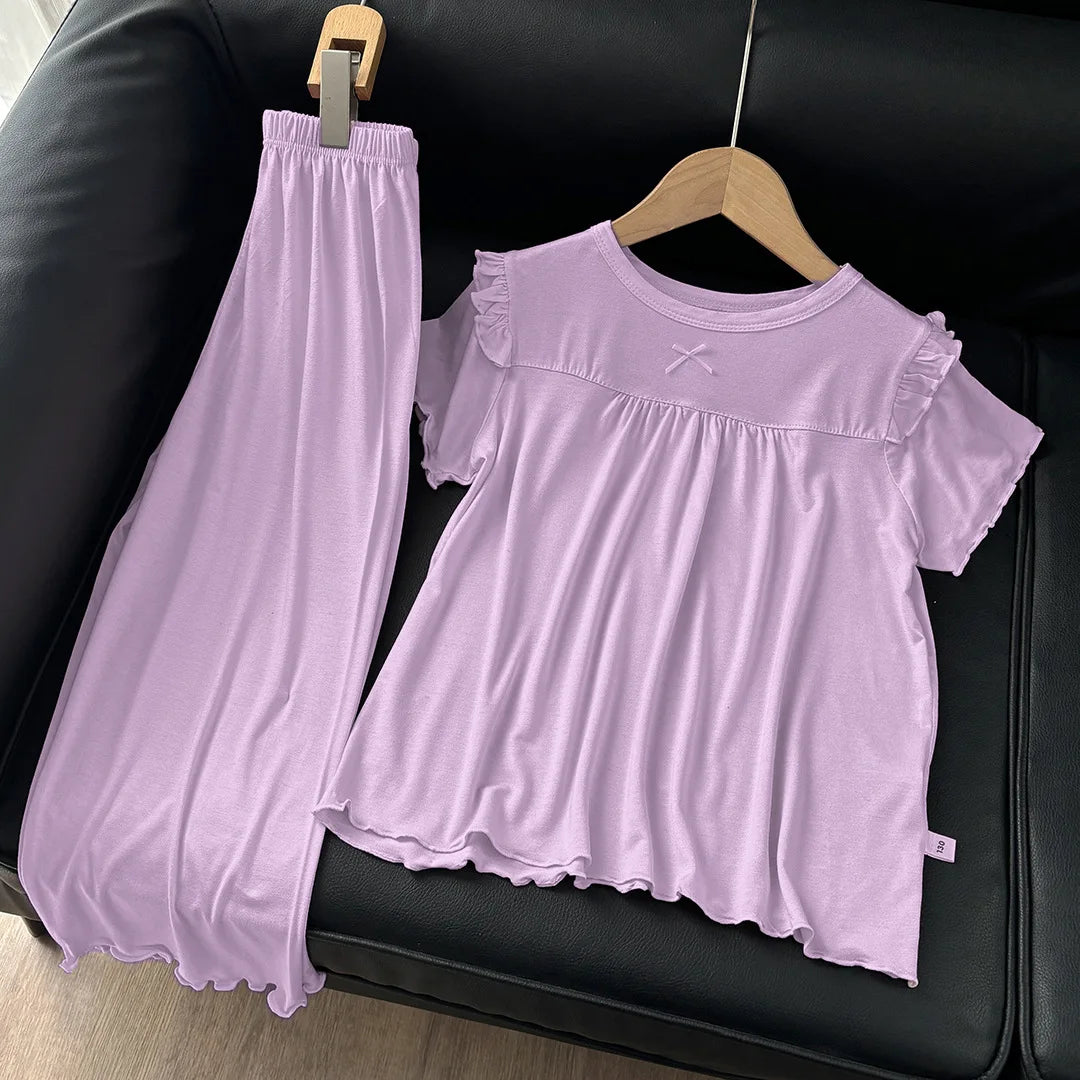 Girls' Short Sleeved Pajamas Home Clothes Set Modal Spring and Summer Thin Edition Children's Air Conditioning Lace Princess