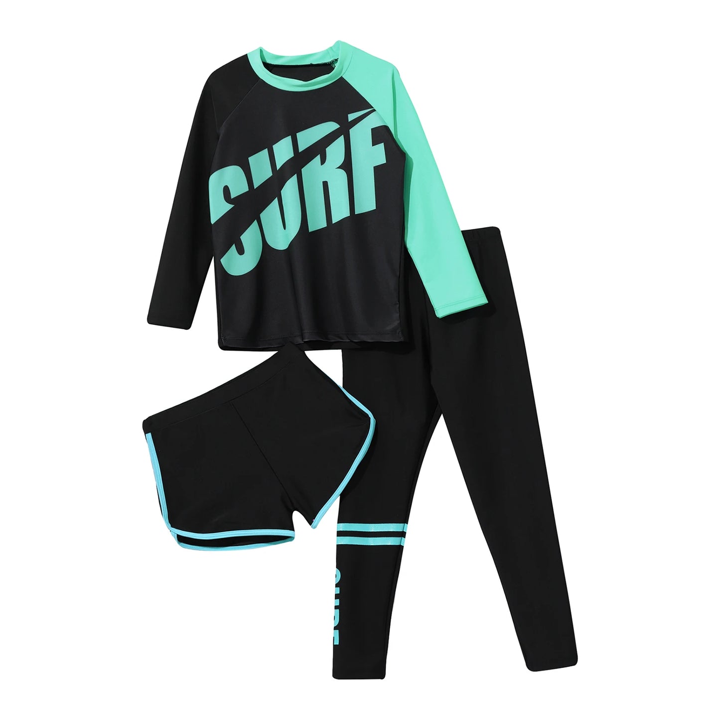 Girls 3-Piece UV Swimsuit Sun Protective Long Sleeve Rash Guard Swimwear Quickly Dry Swimming Shirt Top+Shorts+Pants Outfits