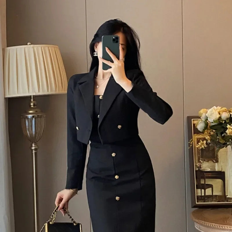 Long Sleeve Office Suits Female Outfits Dress Sexy Midi Women's Two Piece Set Formal Occasion New in Matching Sets The Same Full