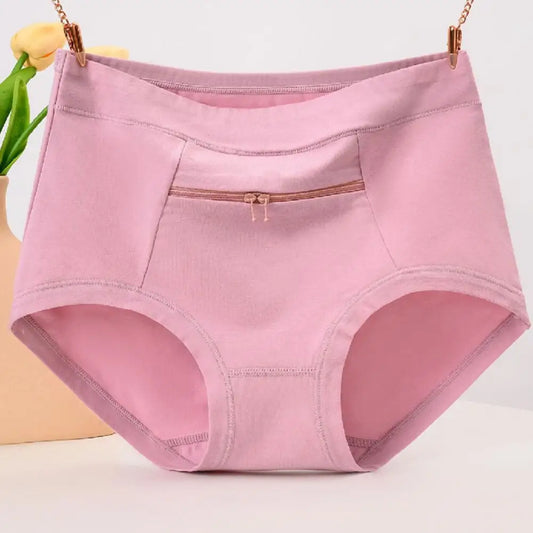Women Underwear with Cash Pocket High Waist Breathable Cotton Underwear with Anti-theft Zipper Pocket for Women Middle-aged