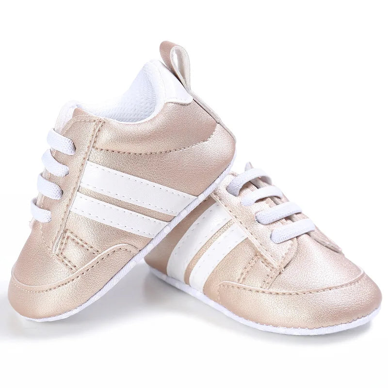 Newborn Baby Boys Shoes for 1 Year Footwear with Striped Infant Casual PU Leather Toddler Soft Sole Girls Sneakers First Walkers