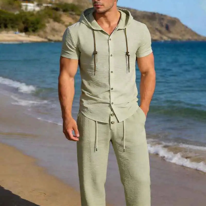 Men's Sport Casual Suit - Stylish and Handsome, with A Hooded, Pleated Short-sleeved Shirt and Loose-fitting Trousers.