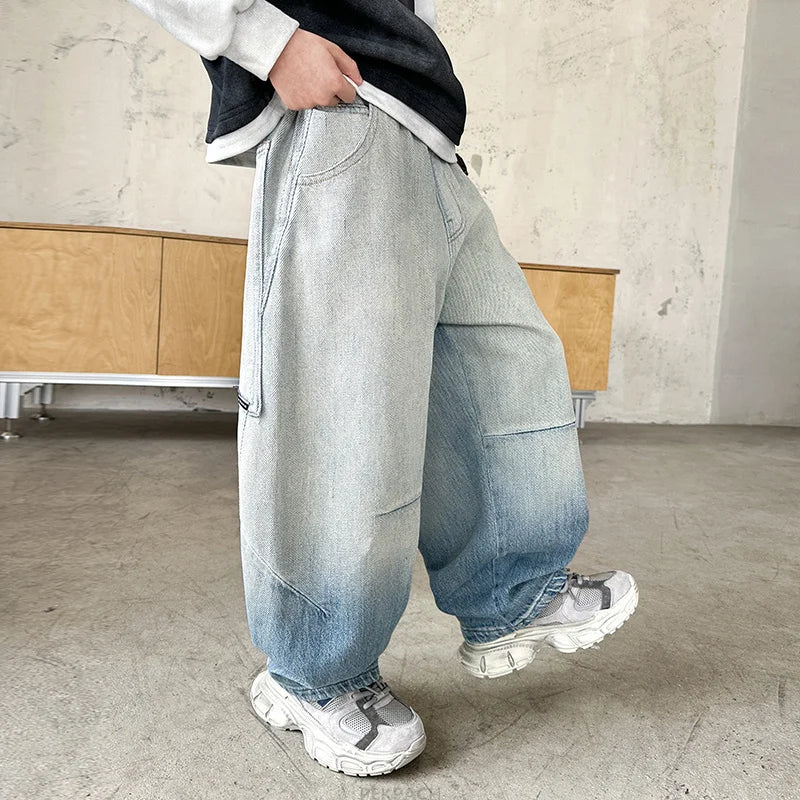 Cool Boy High Fashion Street Baggy Jeans Kids Retro Blue Wide Leg Denim Pants Loose Style Child Luxury Gradient Jeans Trousers