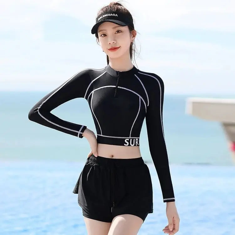 Summer New Girls Swimwear High-waist Split Boxer Briefs Long-sleeved Sun Protection and Flesh-covering Beach for Small People