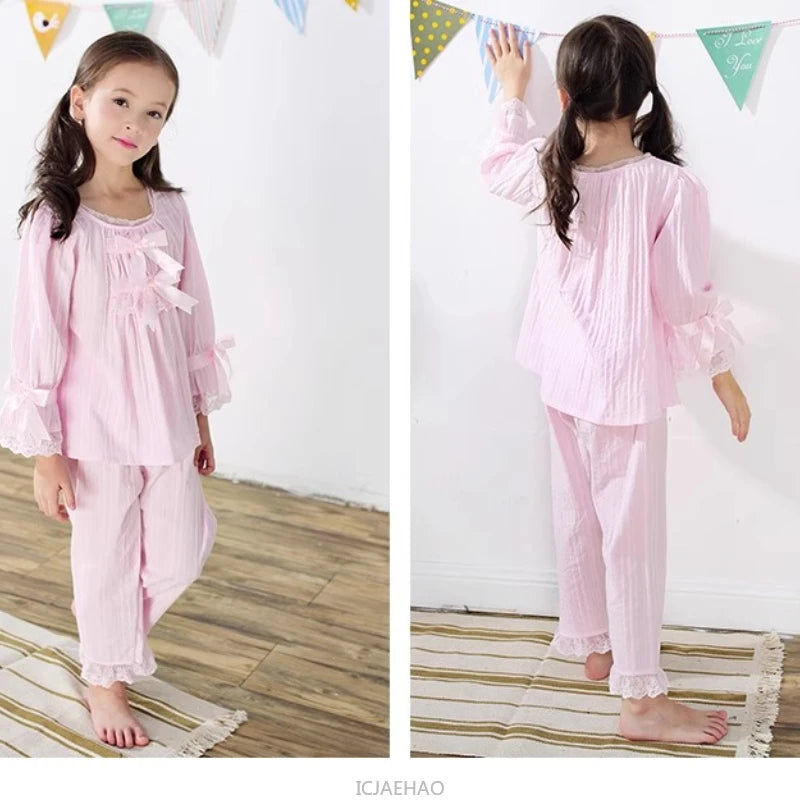 Girls Cotton Pajama Set Long Sleeve Kids Sleepwear Loungewear Comfy Home Clothes Basic Solid Color 2 Piece Outfit Summer Wear