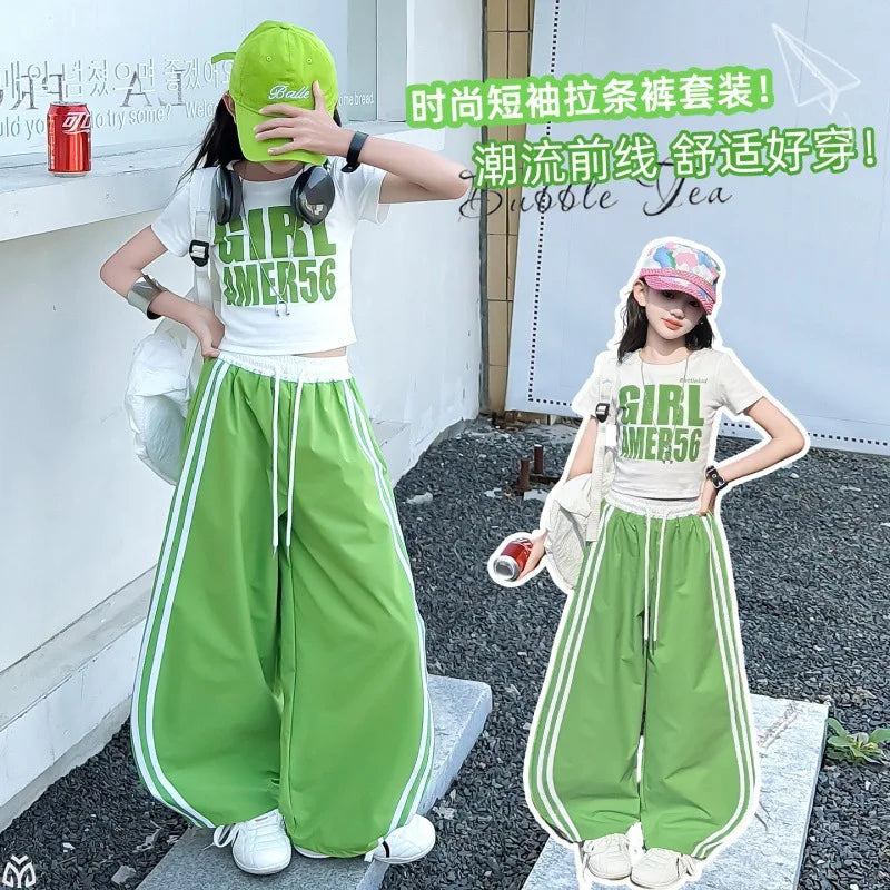 Teens Girls Clothing Sets Fashion Jazz Hip Hop Letter Top+stripe Sport Pants Two Pieces Suits for Kids Summer Streetwear Outfits