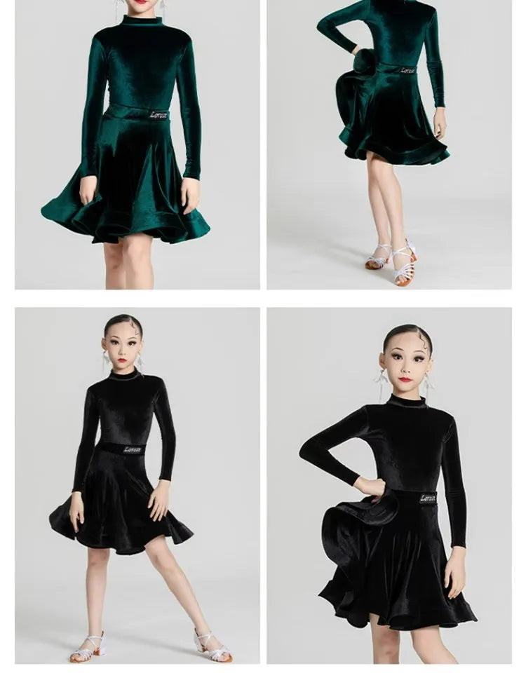 Girls' Latin Dance Dress Autumn/Winter Long Sleeve Professional Practice Dress Velvet Split Set Dance Performance Dress
