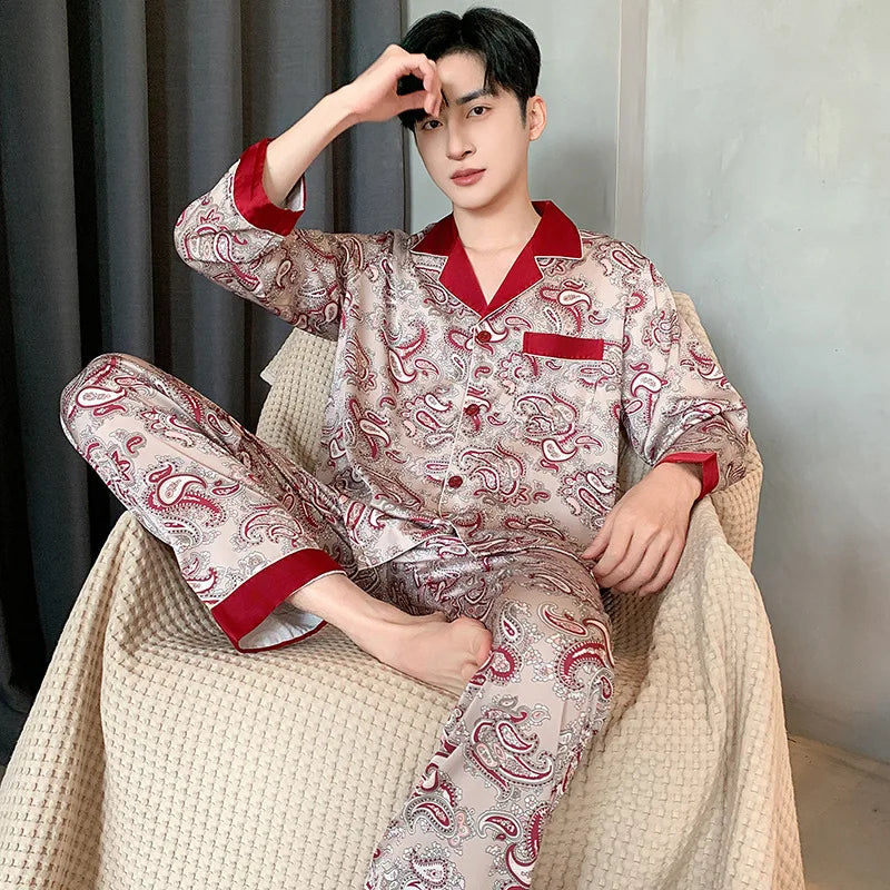 Large Size 3XL Men Pajama 2Pcs Set Summer New Short Sleeve Shorts Pijamas Suit Loose Ice Silk Satin Sleepwear Male Home Clothes