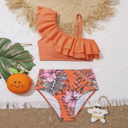 Girls Kids Swimwear Summer Beach Children Swimsuit 7-12 Years Floral Print High Waist Biquini Teens Bathing Suit Girl Bikini Set