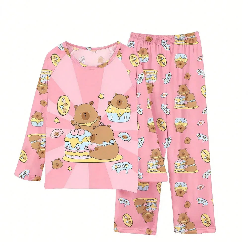 Boys Girls Pajamas Sets Kids Toddler 3 to 4 5 6 7 8 9 10 11 12 Years Capybara Pink Brown Long Sleeve Pyjamas Children's Clothing