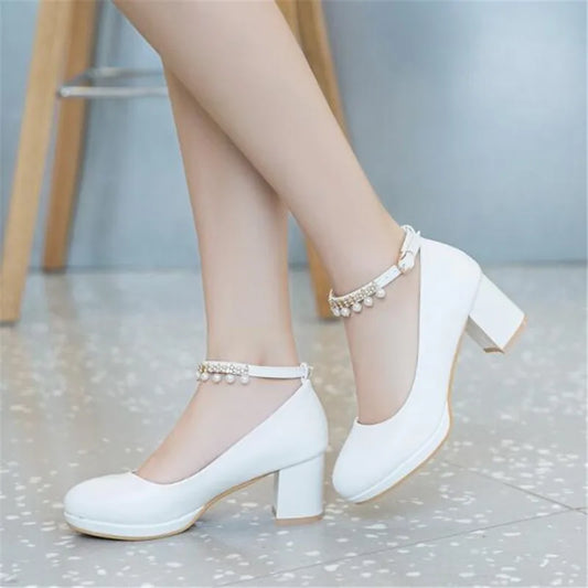 Children Girls High heel Shoes For Kids Princess Sandals Fashion  Pearl Thick Heel Shallow Female High heels For Party Wedding