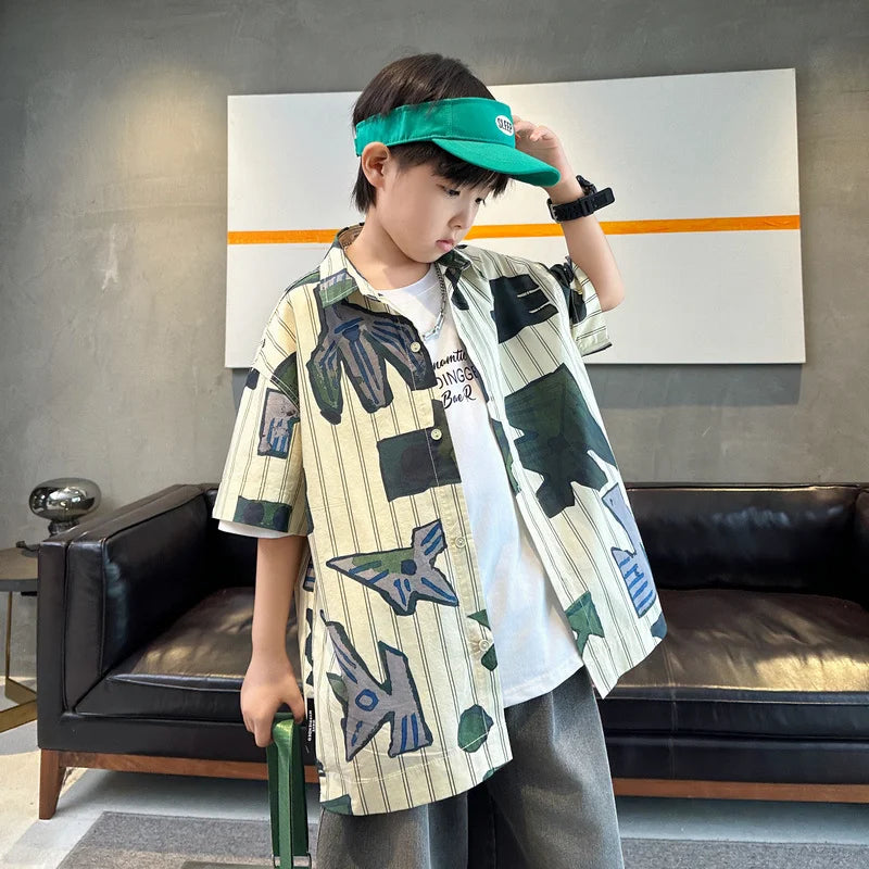 New Summer Teenager Striped Shirt for Boy Short Sleeve Korean Casual Style Big Kids Cotton Blouse Children's Stylish Clothes