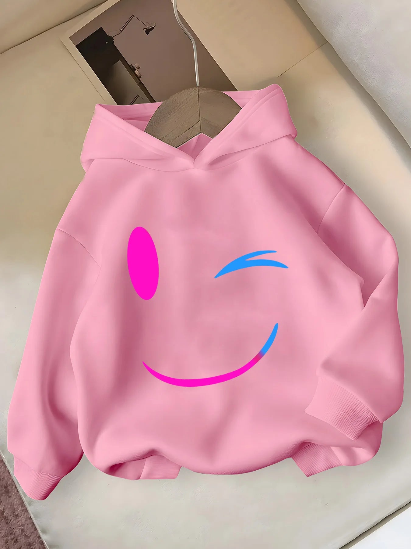 2026 Boys' and Girls' Warm Hoodie with Heart and Smiley Face Cartoon 2D Style, Autumn and Winter Warm and Stylish Top Black