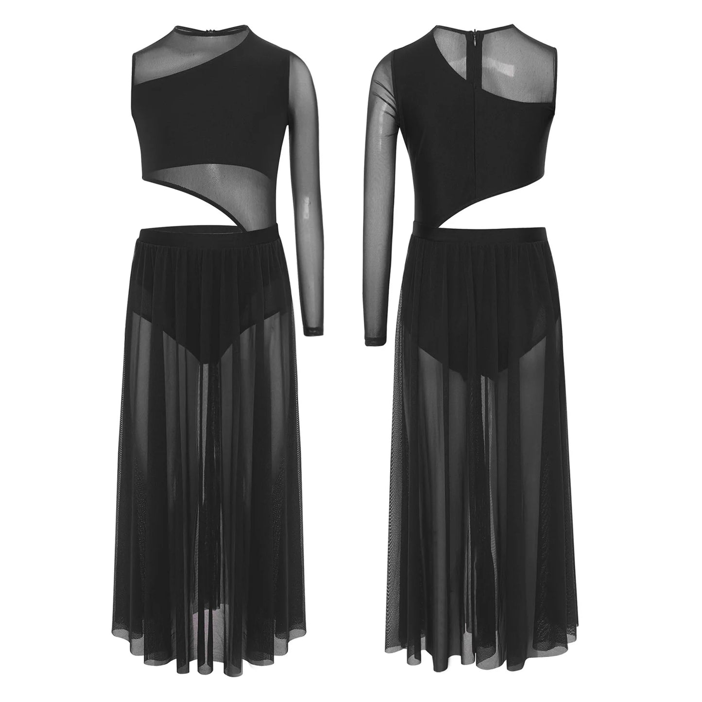 Kids Girls Modern Lyrical Dance Dresses Delicate Applique Keyhole Back Side Split Irregular Hem Asymmetrical Ruched Mesh Dress