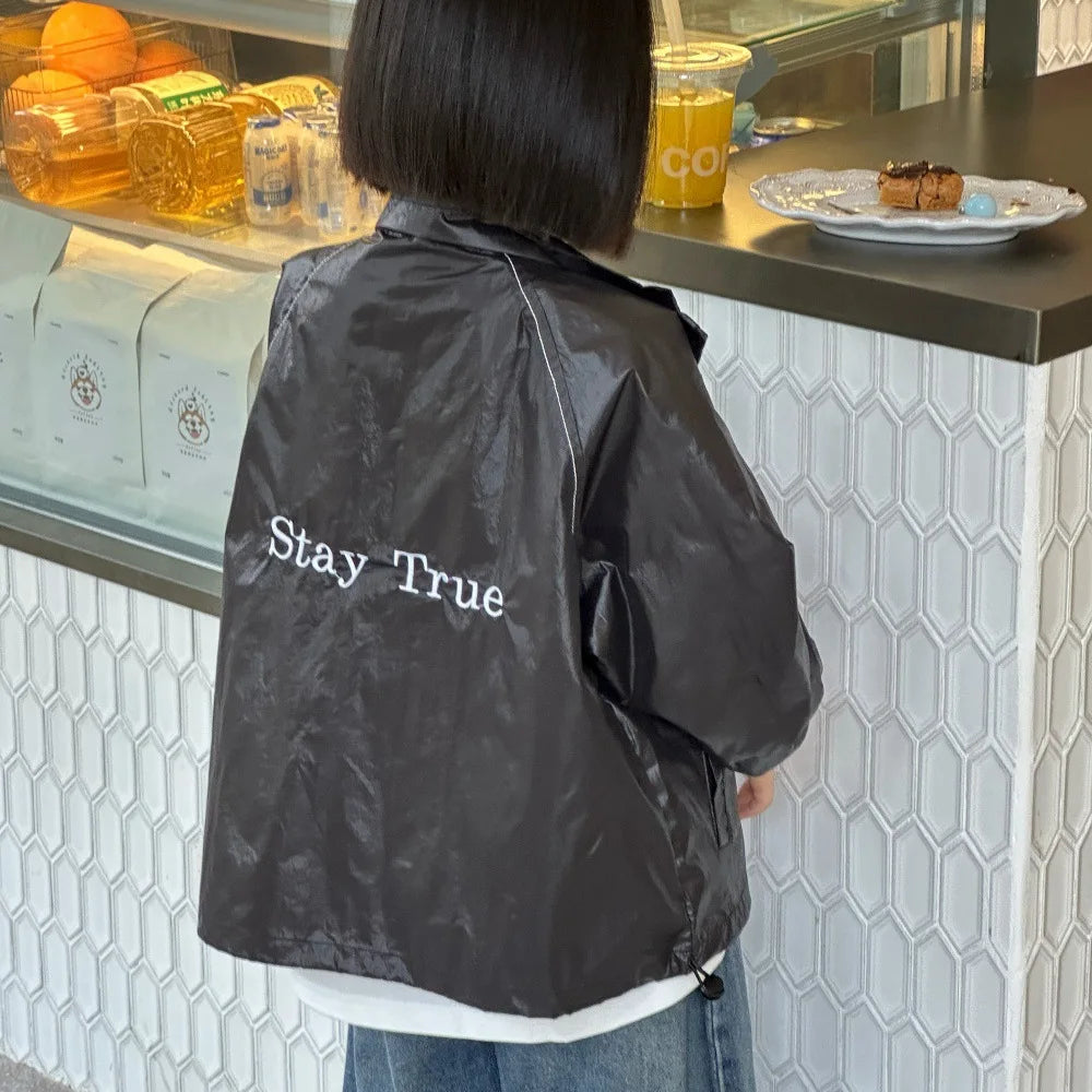 2025 Autumn New Girls Coat Children Korean Embroidered Letter Coat Girls Trendy Cool Turn-down Collar Jacket Trendy